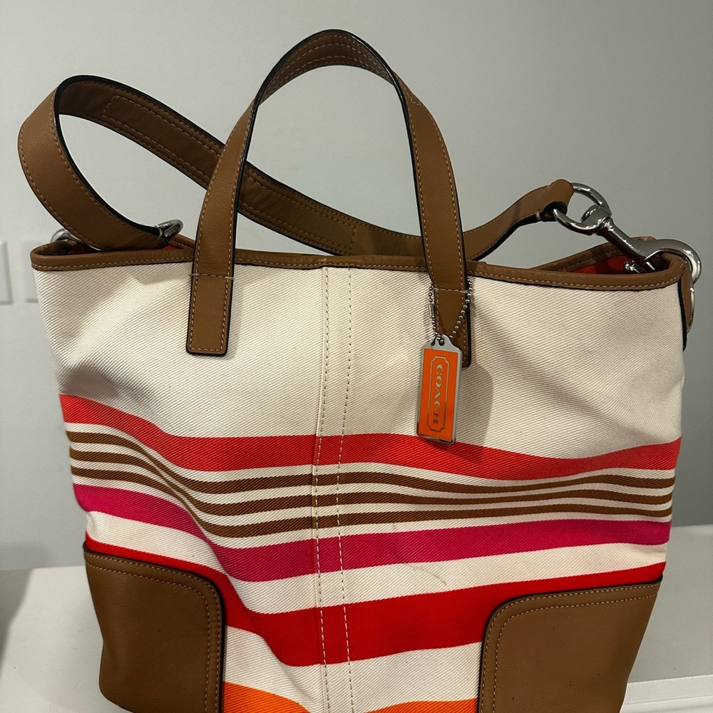 Coach Canvas Stripe Tote in Red, Pink, Orange & Brown